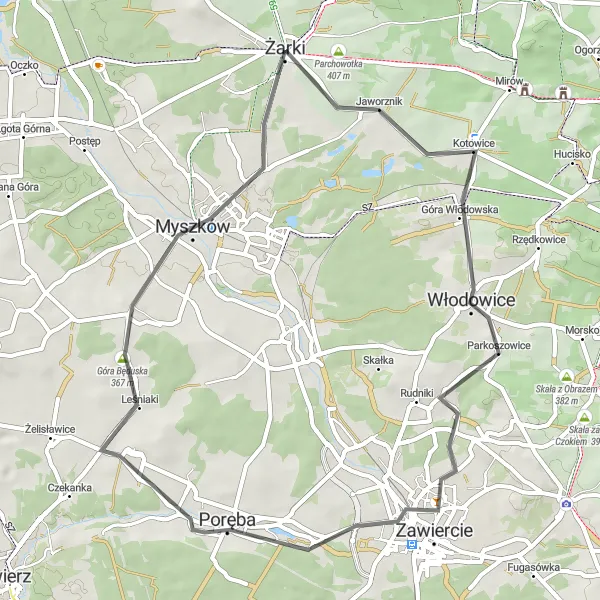 Map miniature of "Żarki - Włodowice - Zawiercie - Poręba - Góra Będuska - Myszków" cycling inspiration in Śląskie, Poland. Generated by Tarmacs.app cycling route planner
