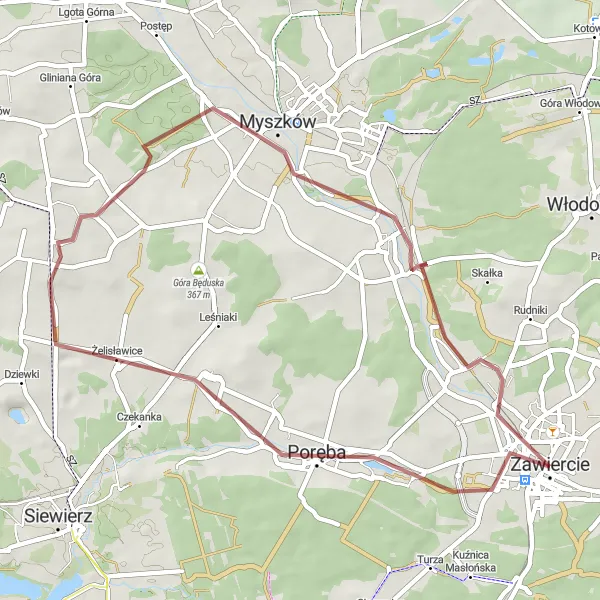 Map miniature of "The Myszków Gravel Loop" cycling inspiration in Śląskie, Poland. Generated by Tarmacs.app cycling route planner