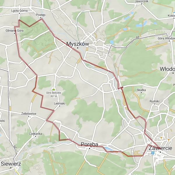 Map miniature of "The Poręba Gravel Ride" cycling inspiration in Śląskie, Poland. Generated by Tarmacs.app cycling route planner