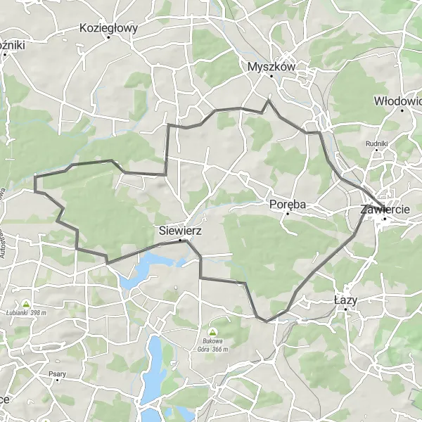 Map miniature of "The Siewierz Loop" cycling inspiration in Śląskie, Poland. Generated by Tarmacs.app cycling route planner