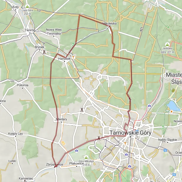 Map miniature of "Around Zbrosławice" cycling inspiration in Śląskie, Poland. Generated by Tarmacs.app cycling route planner