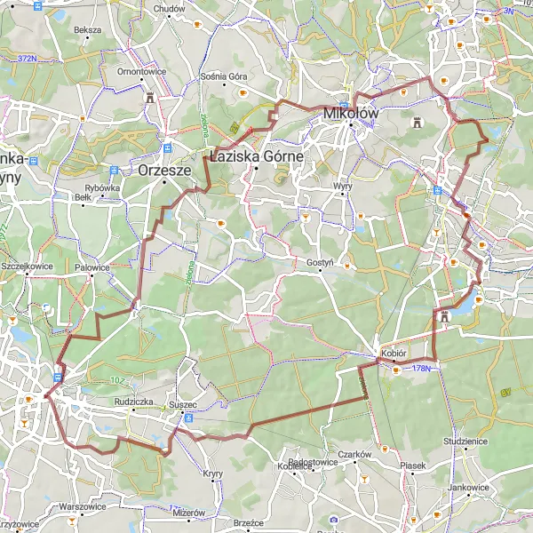 Miniatura mapy "Przygoda gravelowa w okolicach Tychów i Kobióra" - trasy rowerowej w Śląskie, Poland. Wygenerowane przez planer tras rowerowych Tarmacs.app