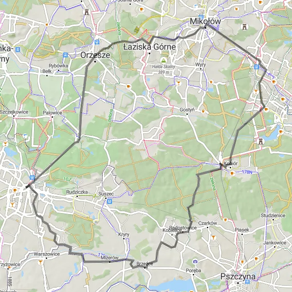 Map miniature of "Around Orzesze and Mikołów" cycling inspiration in Śląskie, Poland. Generated by Tarmacs.app cycling route planner