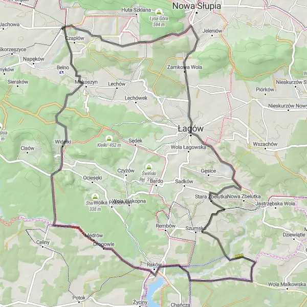 Map miniature of "Rakowka Road Challenge" cycling inspiration in Świętokrzyskie, Poland. Generated by Tarmacs.app cycling route planner