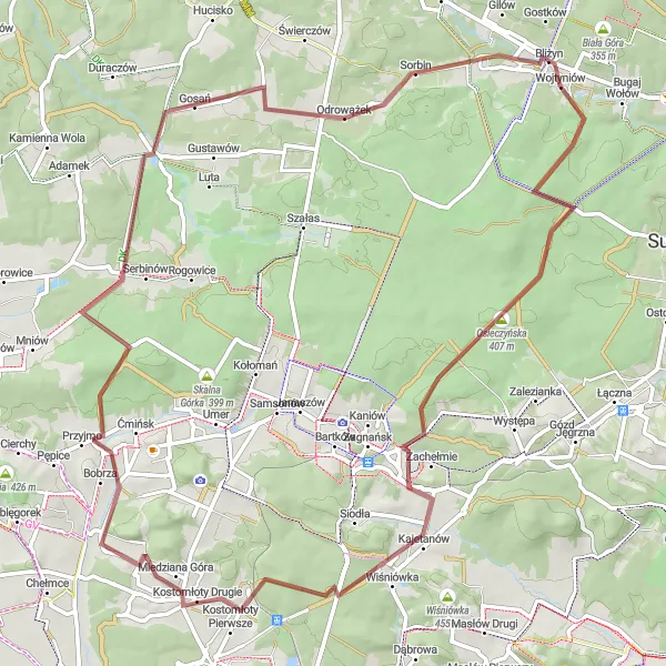 Map miniature of "Bliżyn Gravel Adventure" cycling inspiration in Świętokrzyskie, Poland. Generated by Tarmacs.app cycling route planner