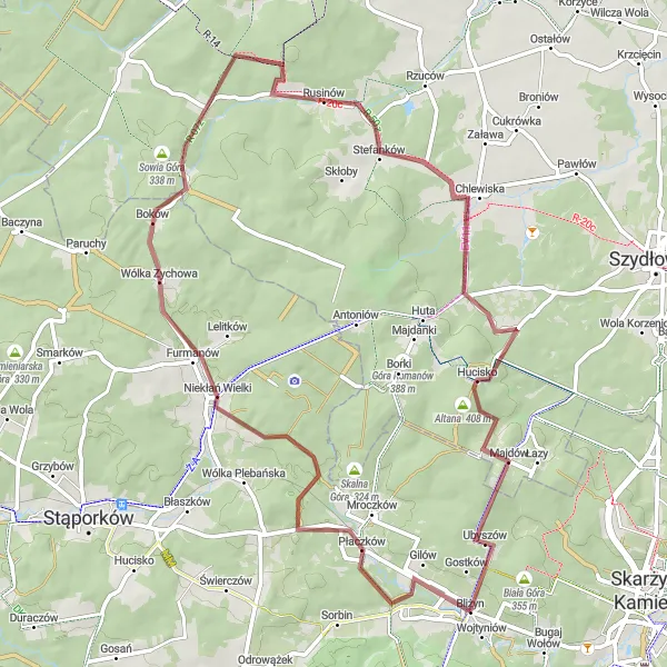 Map miniature of "Bliżyn - Nadolna Gravel Loop" cycling inspiration in Świętokrzyskie, Poland. Generated by Tarmacs.app cycling route planner