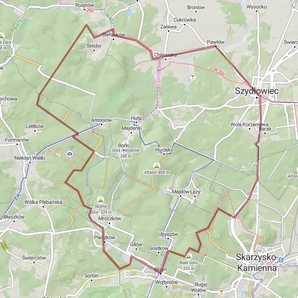 Miniatura mapy "Trasa gravelowa do Szydłowca" - trasy rowerowej w Świętokrzyskie, Poland. Wygenerowane przez planer tras rowerowych Tarmacs.app