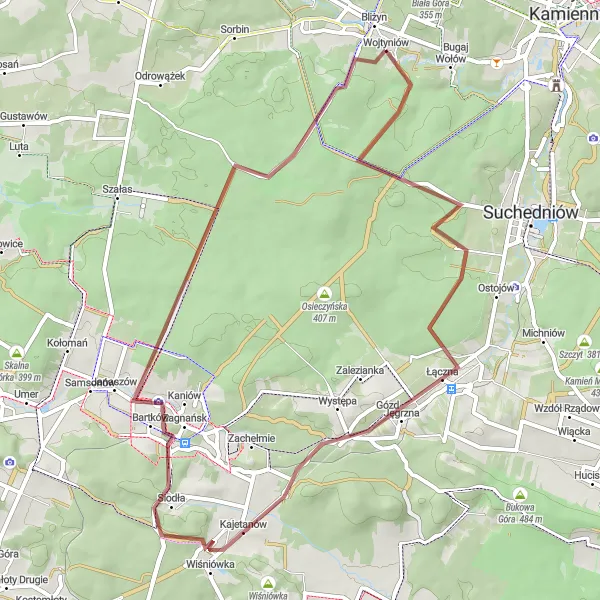Miniatura mapy "Szlak rowerowy przez Kamienną Górę i Dąb Bartek" - trasy rowerowej w Świętokrzyskie, Poland. Wygenerowane przez planer tras rowerowych Tarmacs.app