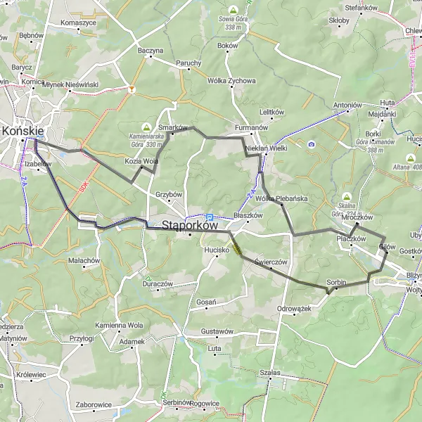 Map miniature of "Stąporków - Smarków Scenic Route" cycling inspiration in Świętokrzyskie, Poland. Generated by Tarmacs.app cycling route planner