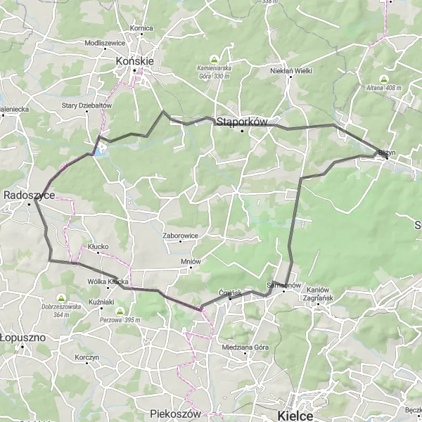 Map miniature of "Bliżyn to Góra Bernarda Loop" cycling inspiration in Świętokrzyskie, Poland. Generated by Tarmacs.app cycling route planner