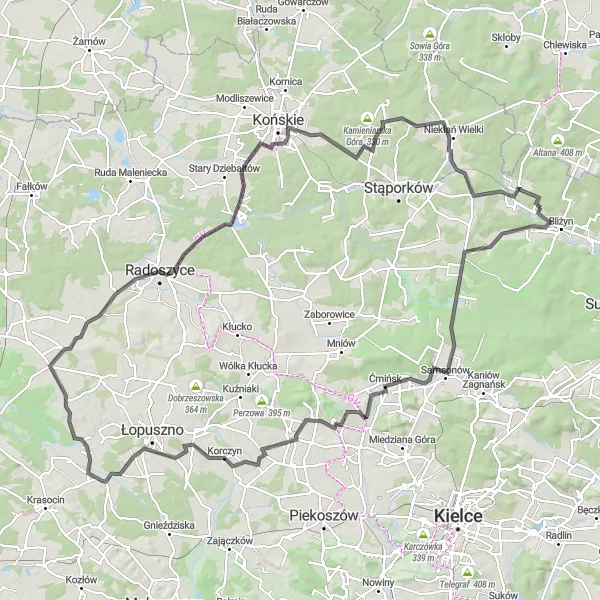 Map miniature of "Bliżyn Circuit" cycling inspiration in Świętokrzyskie, Poland. Generated by Tarmacs.app cycling route planner