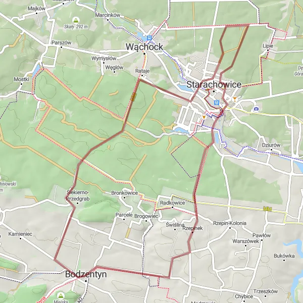 Map miniature of "Bodzentyn Gravel Adventure" cycling inspiration in Świętokrzyskie, Poland. Generated by Tarmacs.app cycling route planner