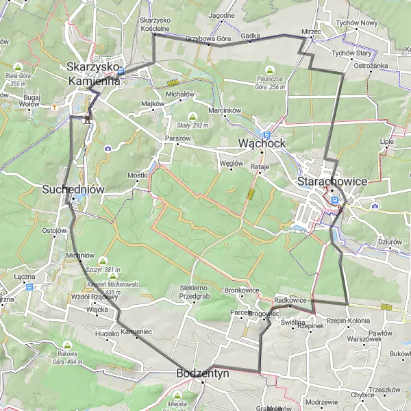 Map miniature of "Road route through Suchedniów, Skarżysko-Kamienna, Skałka, Starachowice, and Tarczek" cycling inspiration in Świętokrzyskie, Poland. Generated by Tarmacs.app cycling route planner