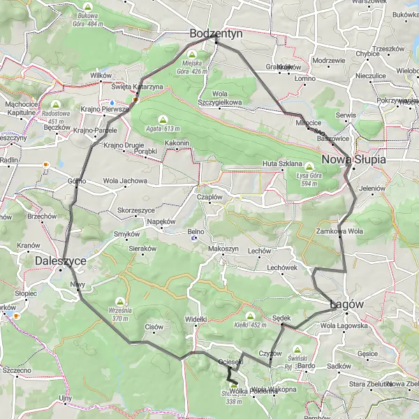 Map miniature of "Bodzentyn Loop: The Mountains and Forests Ride" cycling inspiration in Świętokrzyskie, Poland. Generated by Tarmacs.app cycling route planner