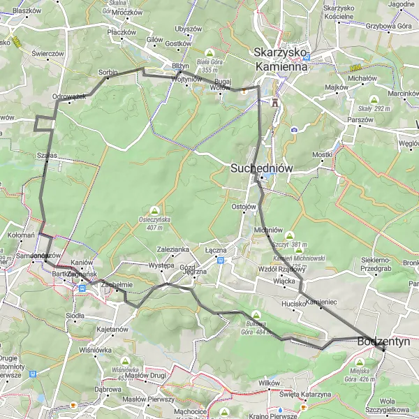 Map miniature of "Charming Road Cycle: A Tour of Bodzentyn Countryside" cycling inspiration in Świętokrzyskie, Poland. Generated by Tarmacs.app cycling route planner