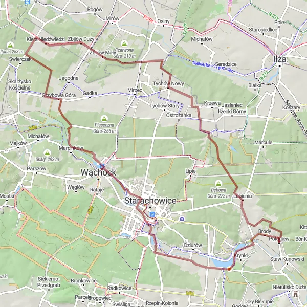 Map miniature of "The Gravel Adventure" cycling inspiration in Świętokrzyskie, Poland. Generated by Tarmacs.app cycling route planner