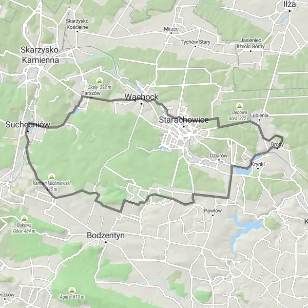 Map miniature of "Brody to Sieradowska Circular Route" cycling inspiration in Świętokrzyskie, Poland. Generated by Tarmacs.app cycling route planner