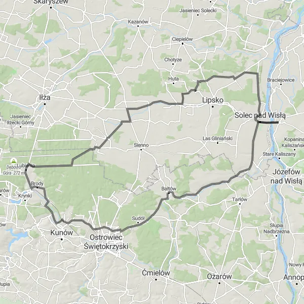 Map miniature of "The Solecka Sprint" cycling inspiration in Świętokrzyskie, Poland. Generated by Tarmacs.app cycling route planner