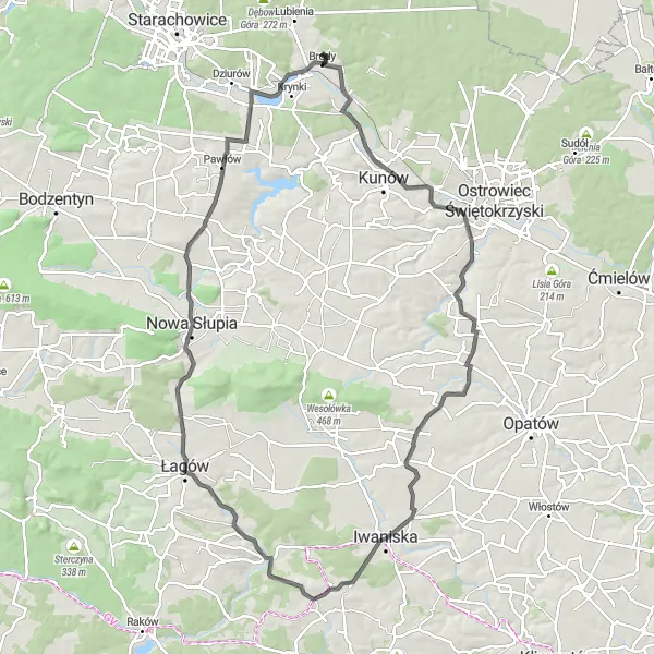 Map miniature of "The Majestic Hills" cycling inspiration in Świętokrzyskie, Poland. Generated by Tarmacs.app cycling route planner