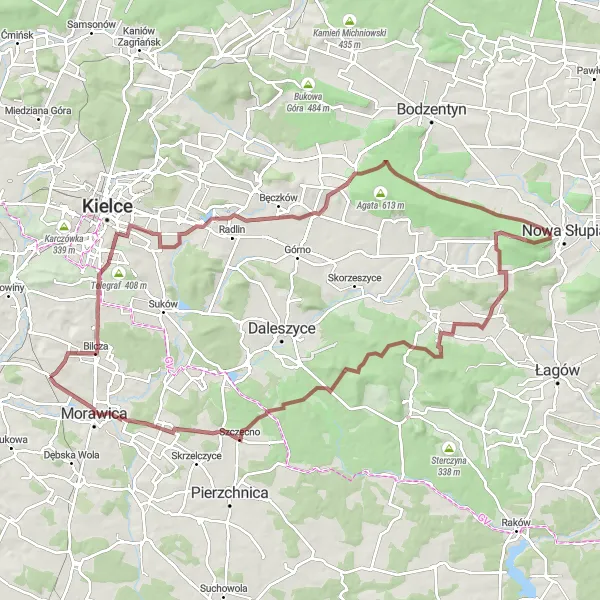 Map miniature of "Bilcza and Wietrznia Gravel Route" cycling inspiration in Świętokrzyskie, Poland. Generated by Tarmacs.app cycling route planner