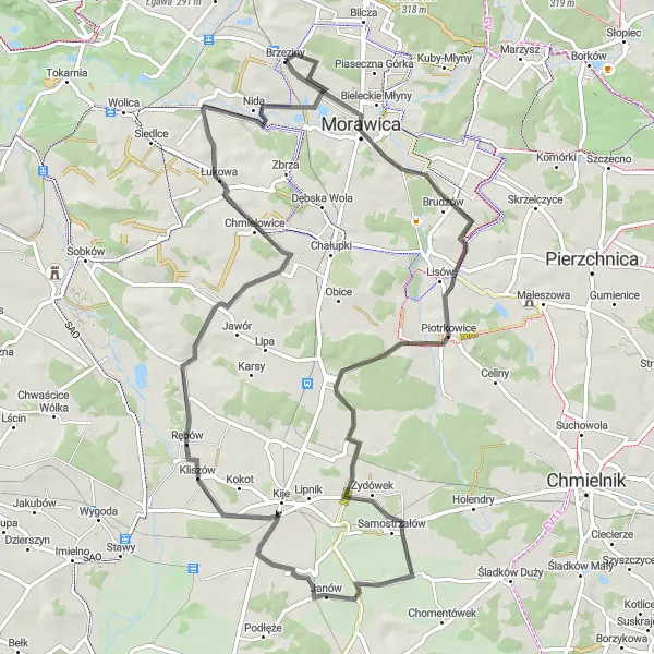 Map miniature of "Wola Morawicka and Piotrkowice Road Route" cycling inspiration in Świętokrzyskie, Poland. Generated by Tarmacs.app cycling route planner