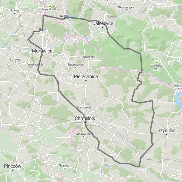 Map miniature of "Suków and Jabłonna Road Route" cycling inspiration in Świętokrzyskie, Poland. Generated by Tarmacs.app cycling route planner