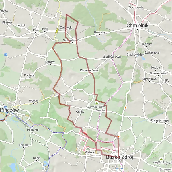 Map miniature of "Enchanting Gravel Discoveries" cycling inspiration in Świętokrzyskie, Poland. Generated by Tarmacs.app cycling route planner