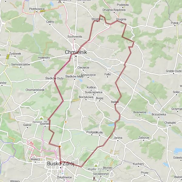 Map miniature of "Busko-Zdrój and Beyond" cycling inspiration in Świętokrzyskie, Poland. Generated by Tarmacs.app cycling route planner