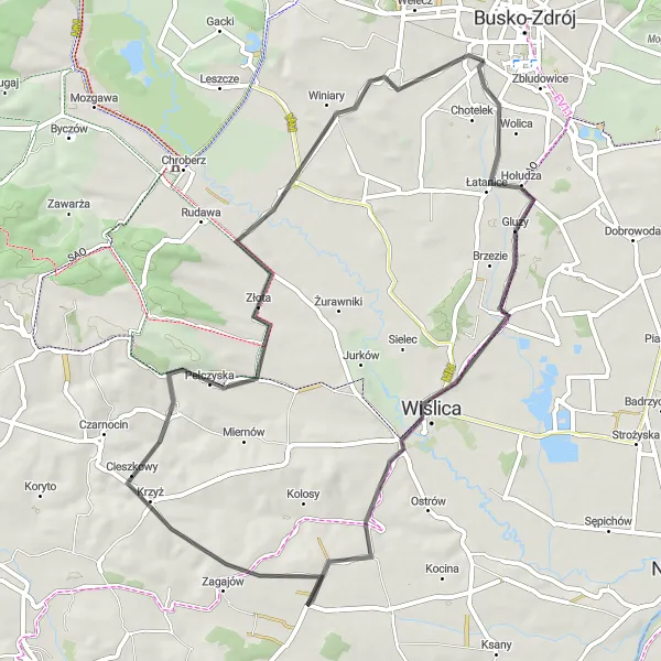 Map miniature of "Gorysławice and Pełczyska Road Loop" cycling inspiration in Świętokrzyskie, Poland. Generated by Tarmacs.app cycling route planner