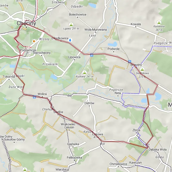 Map miniature of "Chęciny Hilly Gravel Loop" cycling inspiration in Świętokrzyskie, Poland. Generated by Tarmacs.app cycling route planner