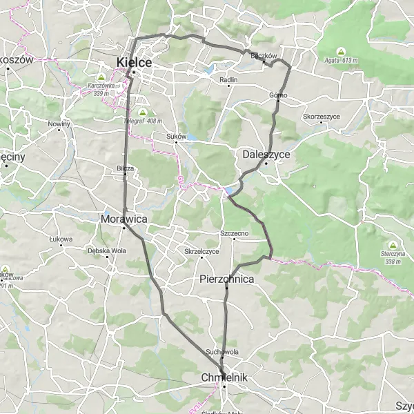 Map miniature of "Wola Morawicka and Trzemosna Adventure" cycling inspiration in Świętokrzyskie, Poland. Generated by Tarmacs.app cycling route planner