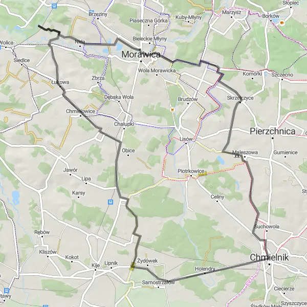 Map miniature of "The Hillside Adventure" cycling inspiration in Świętokrzyskie, Poland. Generated by Tarmacs.app cycling route planner