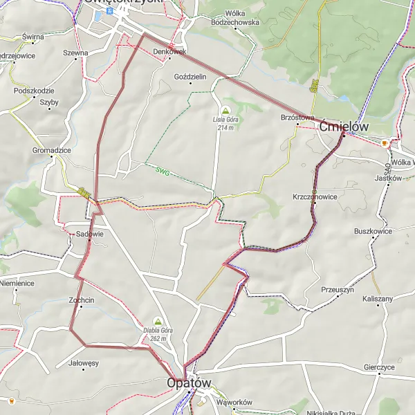 Map miniature of "The Gravel Trębanów Trail" cycling inspiration in Świętokrzyskie, Poland. Generated by Tarmacs.app cycling route planner