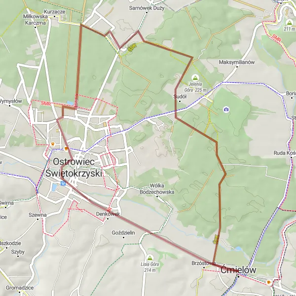 Map miniature of "Zjawienna Góra, Ostrowiec Świętokrzyski, Ćmielów" cycling inspiration in Świętokrzyskie, Poland. Generated by Tarmacs.app cycling route planner