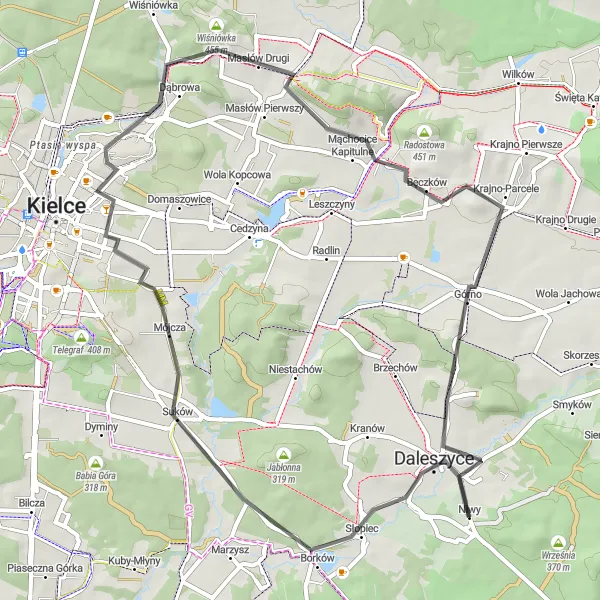 Map miniature of "Daleszyce to Biała Scenic Road Trip" cycling inspiration in Świętokrzyskie, Poland. Generated by Tarmacs.app cycling route planner