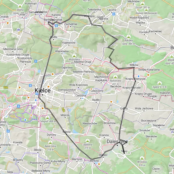 Map miniature of "Sosnowica Challenge: Kielce to Górno" cycling inspiration in Świętokrzyskie, Poland. Generated by Tarmacs.app cycling route planner