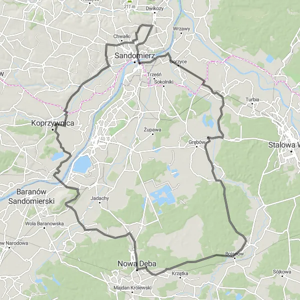 Map miniature of "Historical Road Extravaganza" cycling inspiration in Świętokrzyskie, Poland. Generated by Tarmacs.app cycling route planner