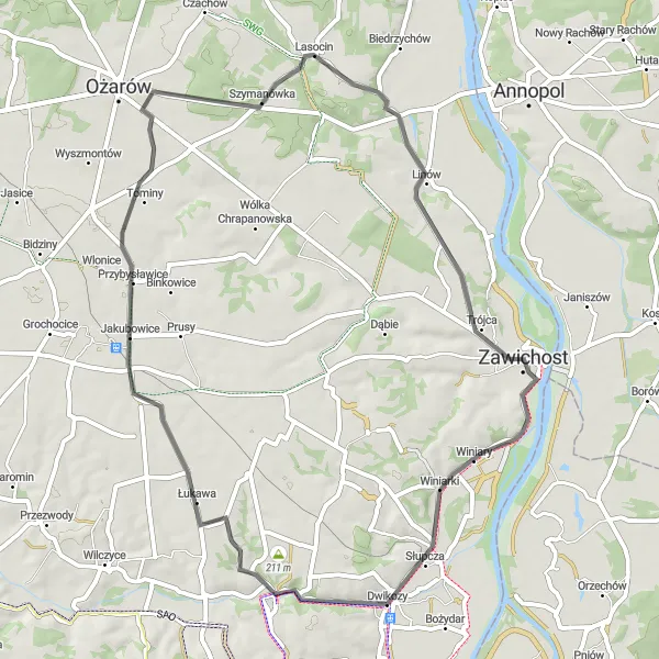 Map miniature of "Picturesque Countryside Ride" cycling inspiration in Świętokrzyskie, Poland. Generated by Tarmacs.app cycling route planner