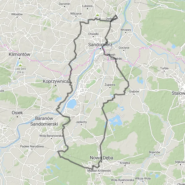 Map miniature of "The Hillside Journey" cycling inspiration in Świętokrzyskie, Poland. Generated by Tarmacs.app cycling route planner