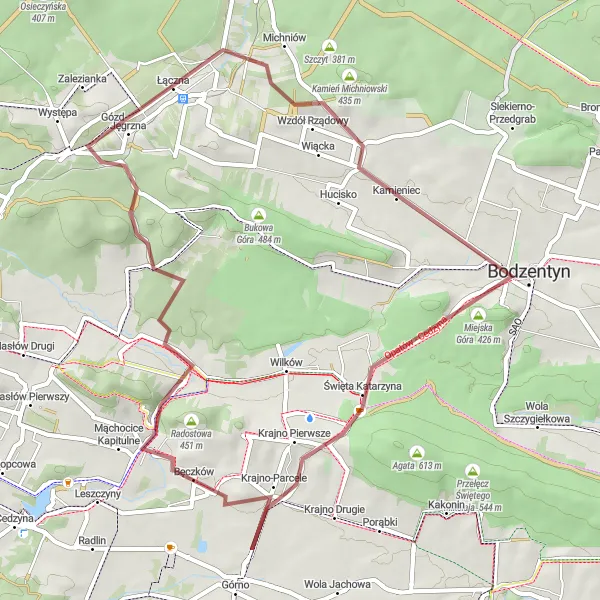 Map miniature of "Górno to Krajno Pierwsze Gravel Cycling Route" cycling inspiration in Świętokrzyskie, Poland. Generated by Tarmacs.app cycling route planner