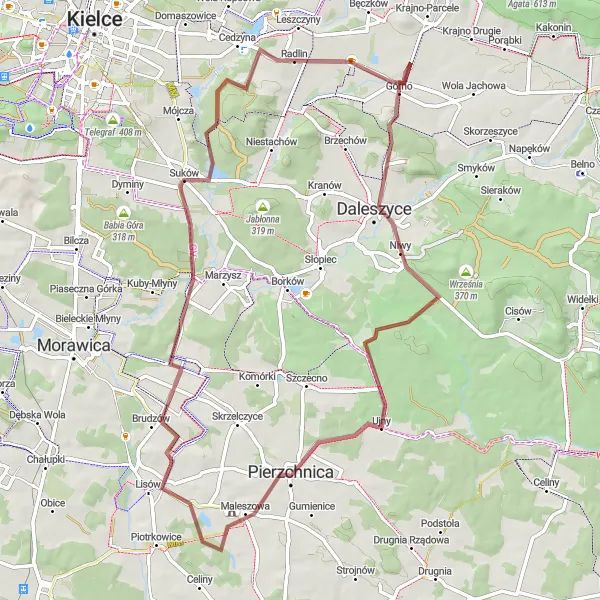 Map miniature of "Górno to Mazurowa Gravel Cycling Route" cycling inspiration in Świętokrzyskie, Poland. Generated by Tarmacs.app cycling route planner