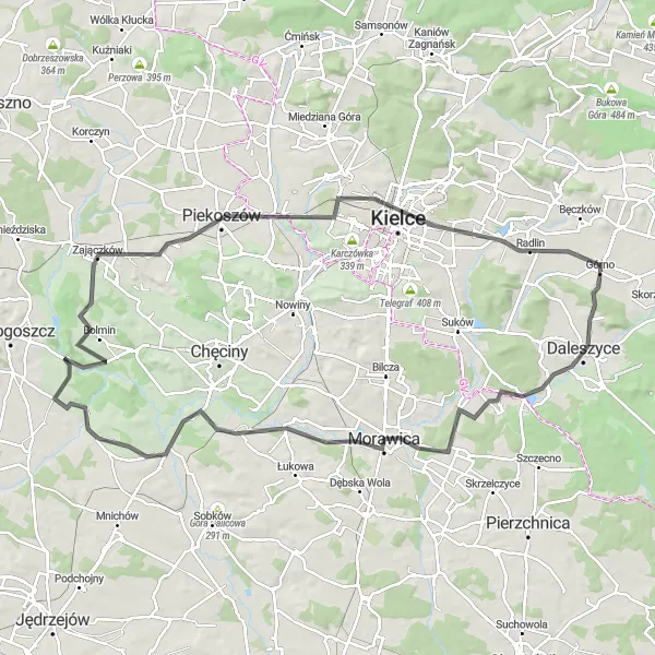 Map miniature of "Górno to Rzechty Road Cycling Route" cycling inspiration in Świętokrzyskie, Poland. Generated by Tarmacs.app cycling route planner