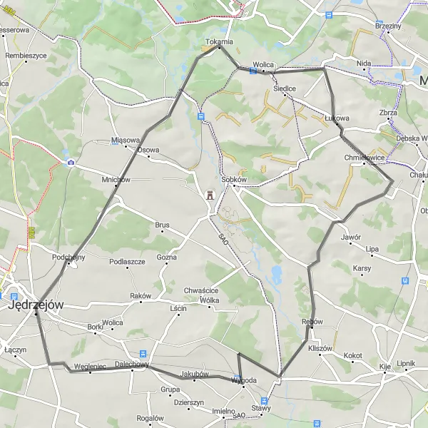 Map miniature of "Jędrzejów Road Loop" cycling inspiration in Świętokrzyskie, Poland. Generated by Tarmacs.app cycling route planner
