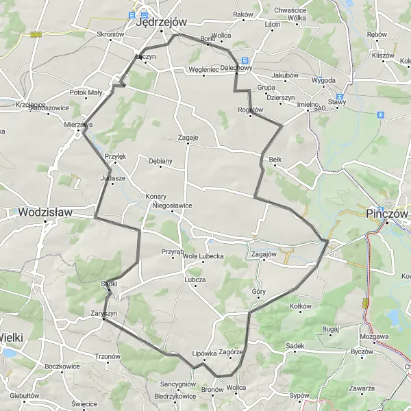Map miniature of "The Michałów Exploration" cycling inspiration in Świętokrzyskie, Poland. Generated by Tarmacs.app cycling route planner