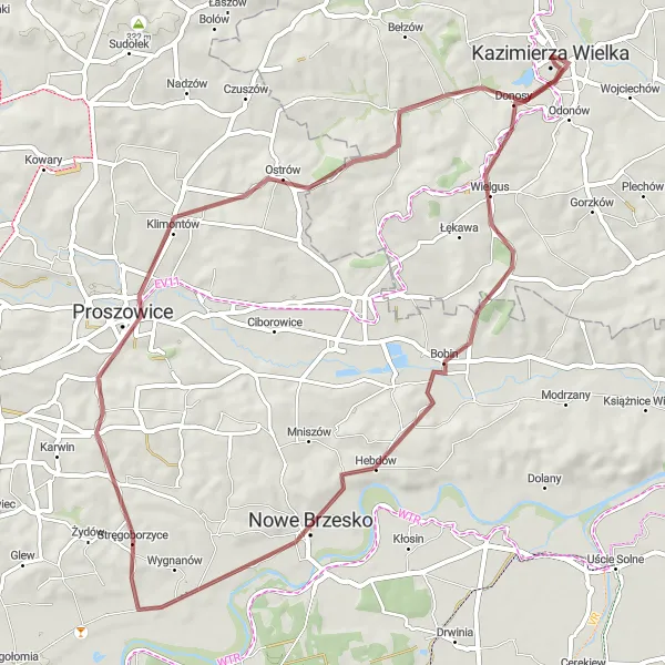 Map miniature of "Kazimierza Wielka - Wawrzeńczyce - Proszowice" cycling inspiration in Świętokrzyskie, Poland. Generated by Tarmacs.app cycling route planner