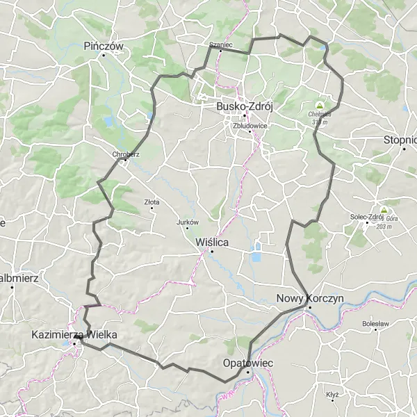 Map miniature of "The Chroberz Loop" cycling inspiration in Świętokrzyskie, Poland. Generated by Tarmacs.app cycling route planner