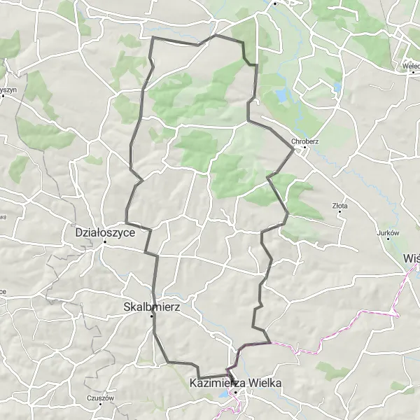 Map miniature of "Kazimierza Wielka - Skalbmierz - Góry - Byczów - Czarnocin" cycling inspiration in Świętokrzyskie, Poland. Generated by Tarmacs.app cycling route planner