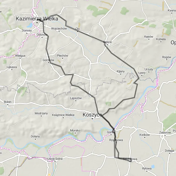 Map miniature of "Kazimierza Wielka - Bejsce - Koszyce - Odonów" cycling inspiration in Świętokrzyskie, Poland. Generated by Tarmacs.app cycling route planner