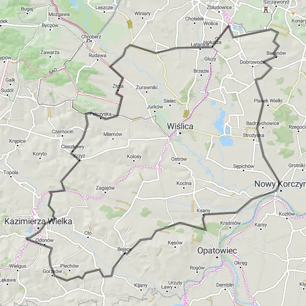 Map miniature of "Kazimierza Wielka - Cieszkowy - Buska Górka - Łatanice - Góra Kapturowa - Gadawa - Nowy Korczyn - Odonów" cycling inspiration in Świętokrzyskie, Poland. Generated by Tarmacs.app cycling route planner