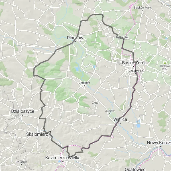 Map miniature of "Pińczów Loop" cycling inspiration in Świętokrzyskie, Poland. Generated by Tarmacs.app cycling route planner